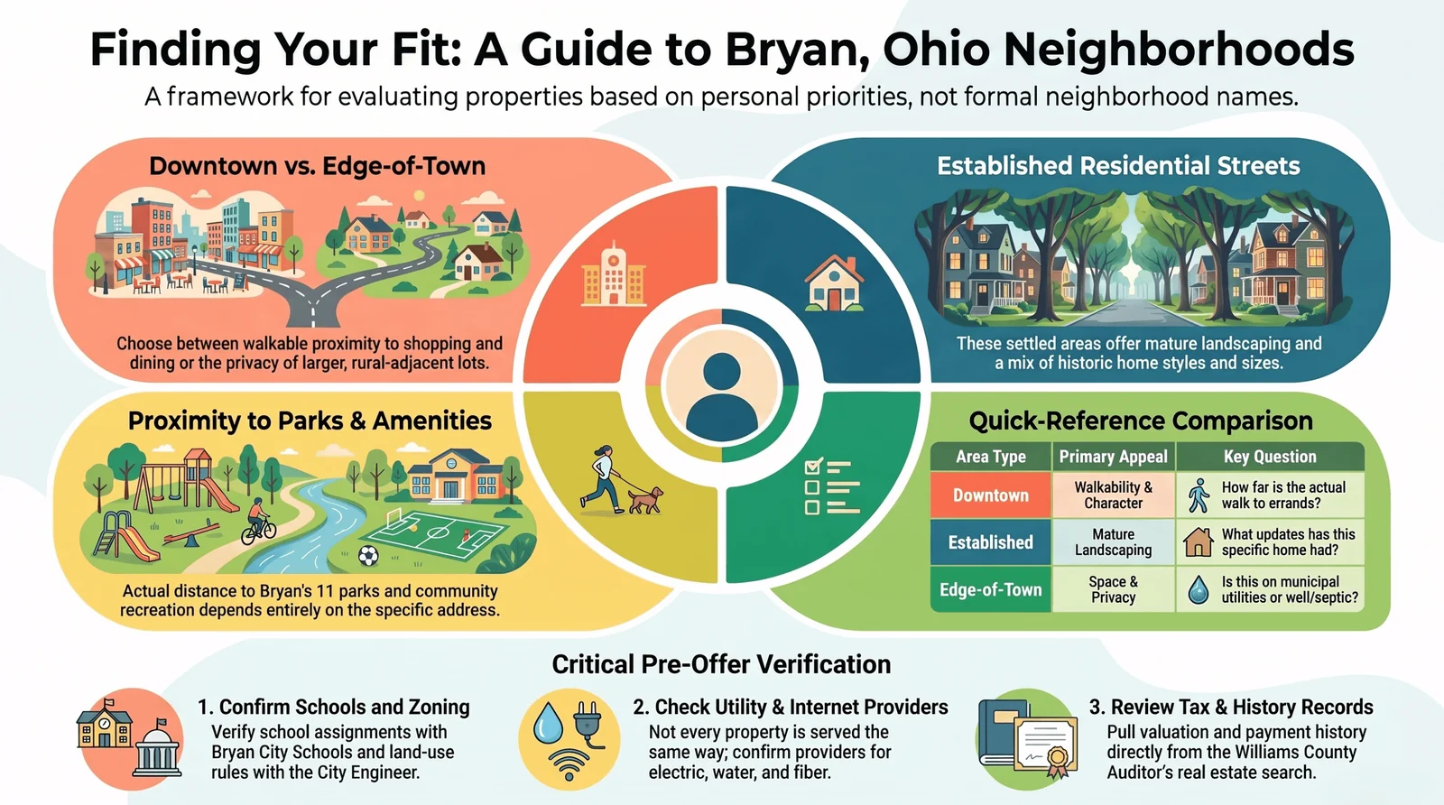 Infographic summarizing how to find your fit in Bryan, Ohio: downtown versus edge-of-town, established residential streets, proximity to parks and amenities, a quick-reference comparison table, and critical pre-offer verification steps