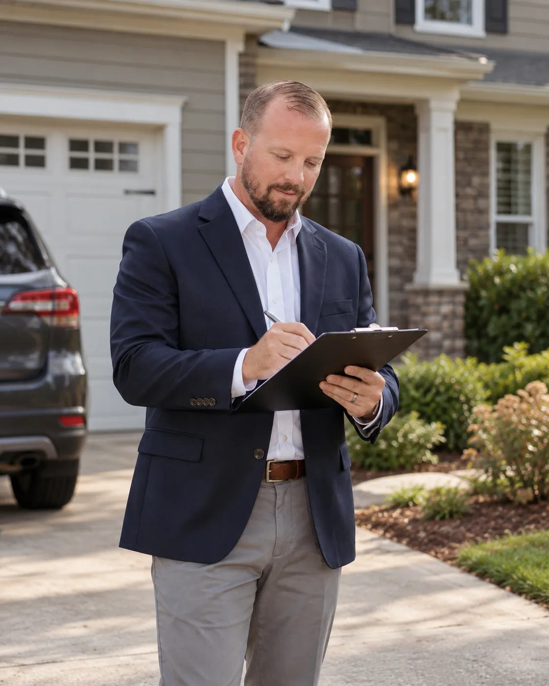 Dave Dempsey taking notes on a clipboard outside a home during a pricing walkthrough