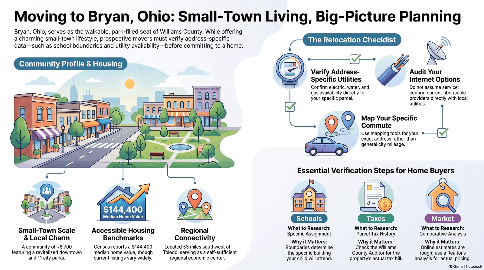 Infographic summarizing moving to Bryan, Ohio: community profile, housing benchmarks, regional connectivity, and a relocation checklist covering utilities, internet, commute, schools, taxes, and market research